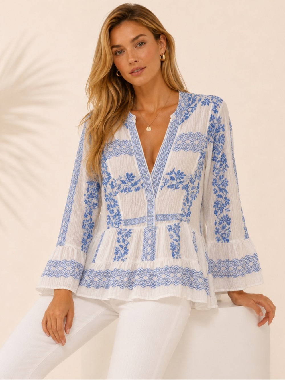 Hale Bob - Embroidered Peplum Blouse - White & Cobalt Blue